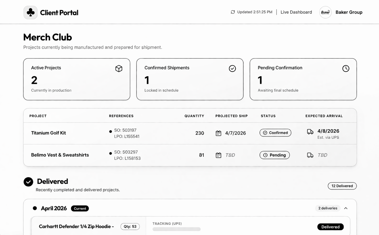 Merch Club Client Portal Dashboard