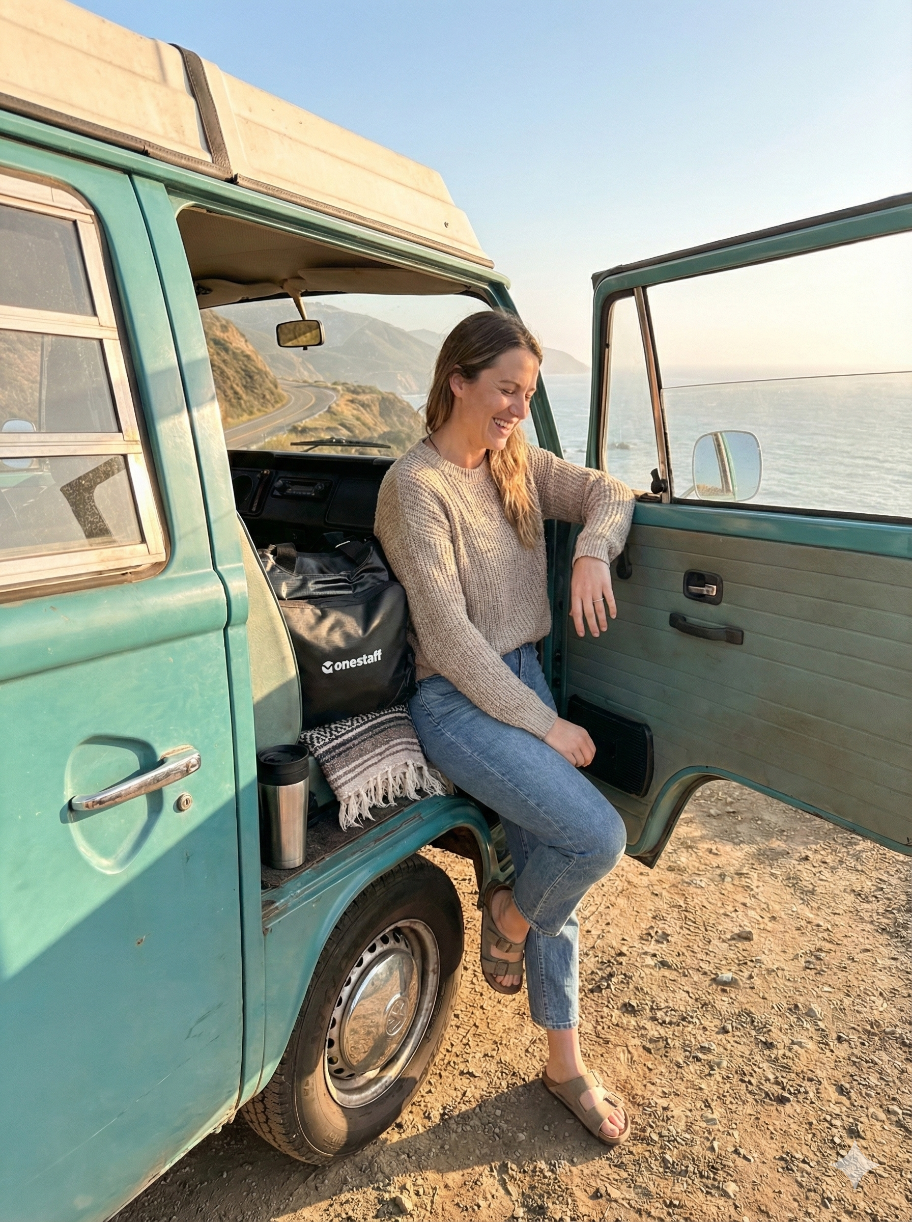 OneStaff Medical travel nurse at sunrise with branded blanket — wanderlust-driven nurse gifting